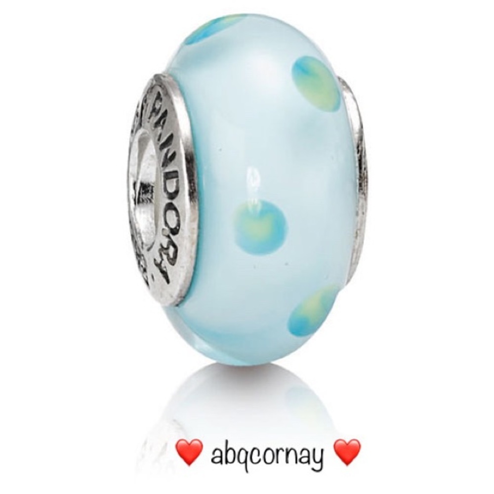 EUC Pandora 790605 Sterling Silver Teal Polka Dots Murano Glass Bead